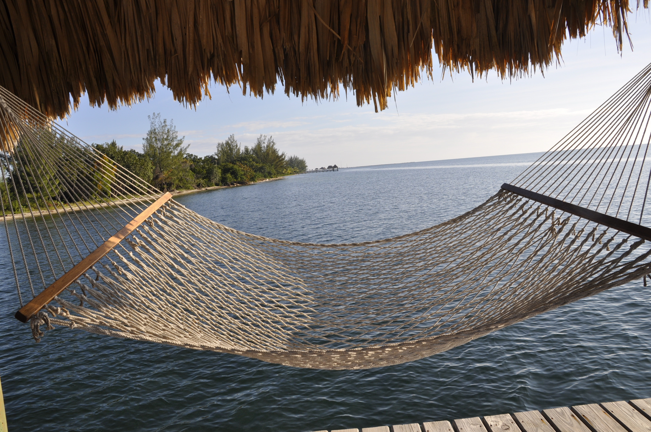 Hammock over ocean in Belize under thatched roof